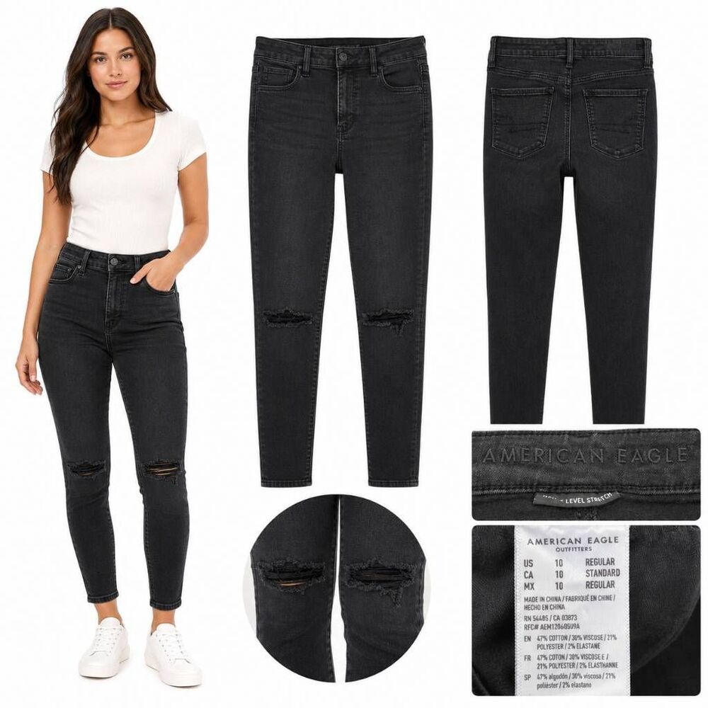 American Eagle Black Ripped Knee Skinny Jeans 10